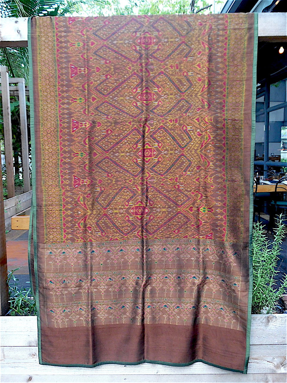 Silk Ikat Textile Wall Hanging Throw Deep Green Red