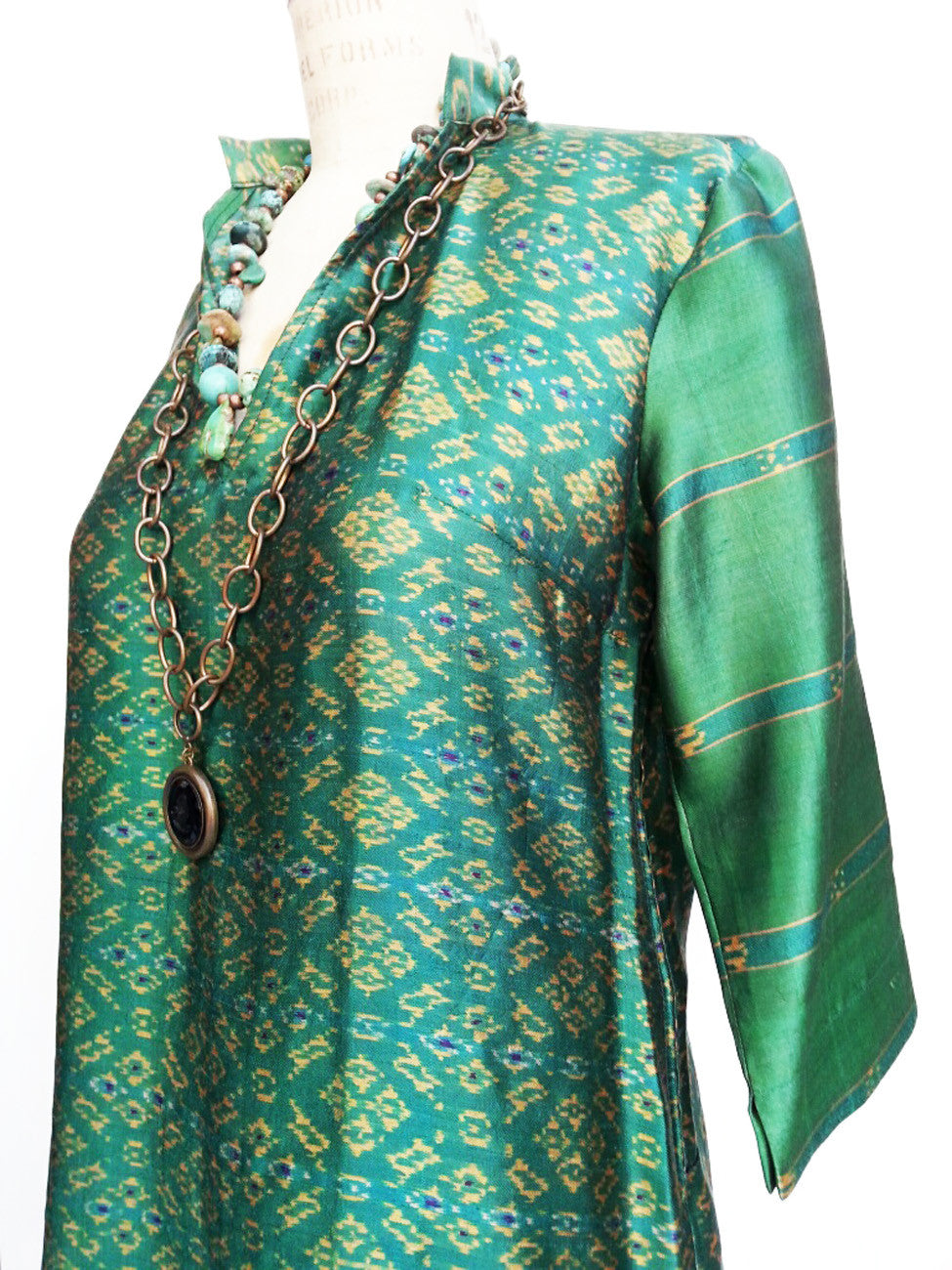 Silk Ikat Organza Long Tunic Deep Green