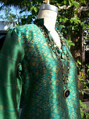 Silk Ikat Organza Long Tunic Deep Green